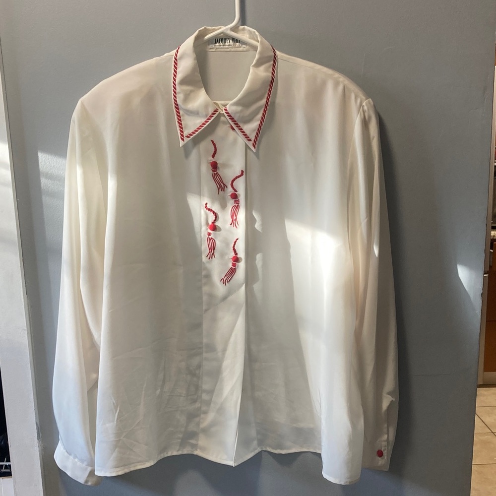 SKU #20 Jacques  Vert White Blouse with Red Embroidery - Classic Button-Up Top